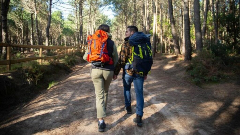 Couple hiking in a forest.